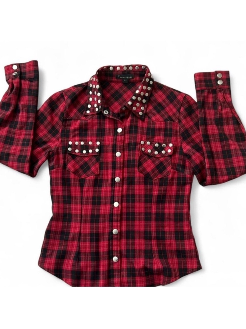 Studded Red Plaid Button-Up Shirt